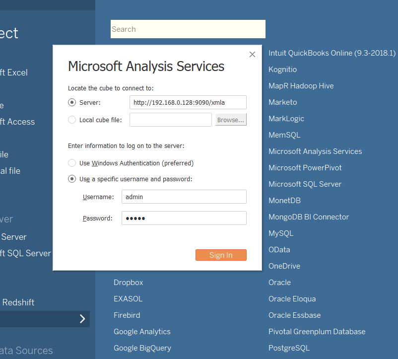 Tableau Enter Server Details